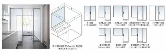 洗面室と一体化する天井高＋FIX窓開口