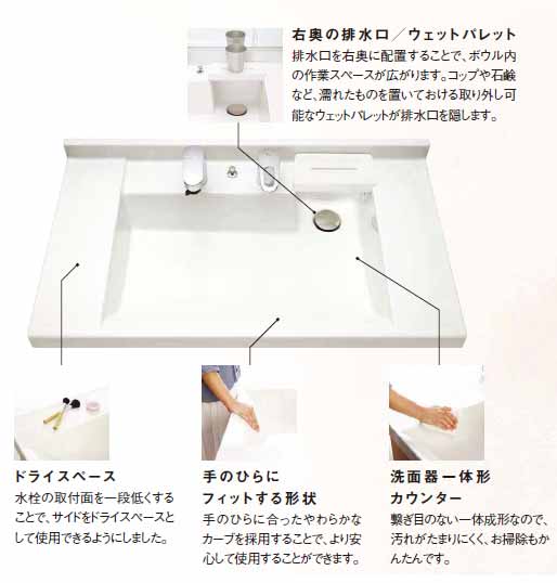 キレイを保てる洗面器一体カウンター